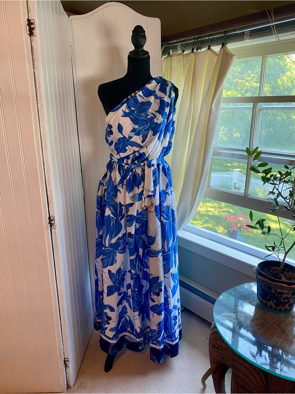 Petal & Pup Naomi White One-Shoulder Midi Dress with Blue Floral Print